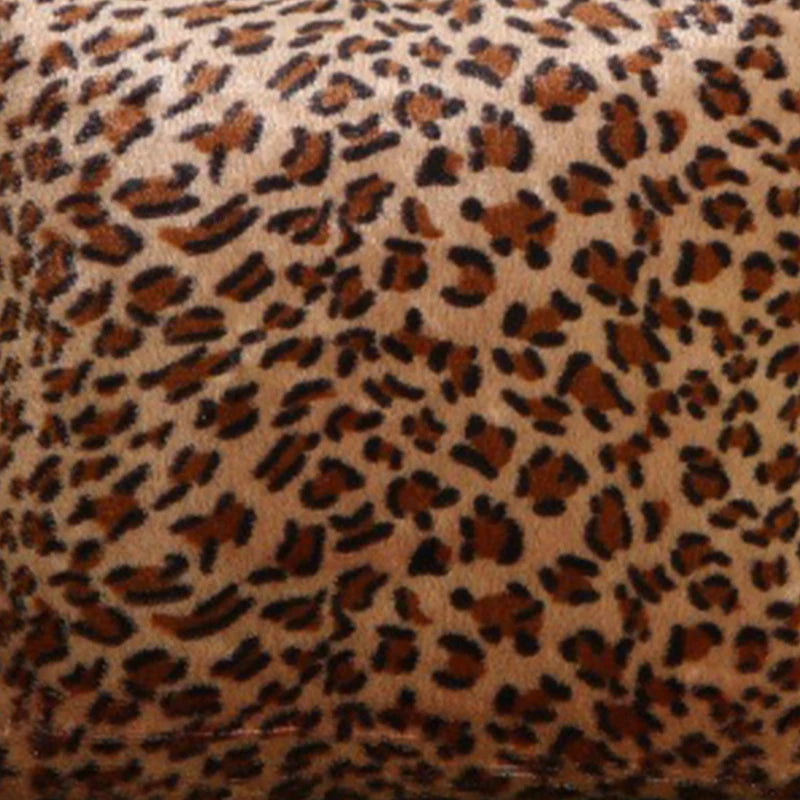 Close-up view of a fabric with an animal print pattern resembling leopard spots in shades of brown and tan.