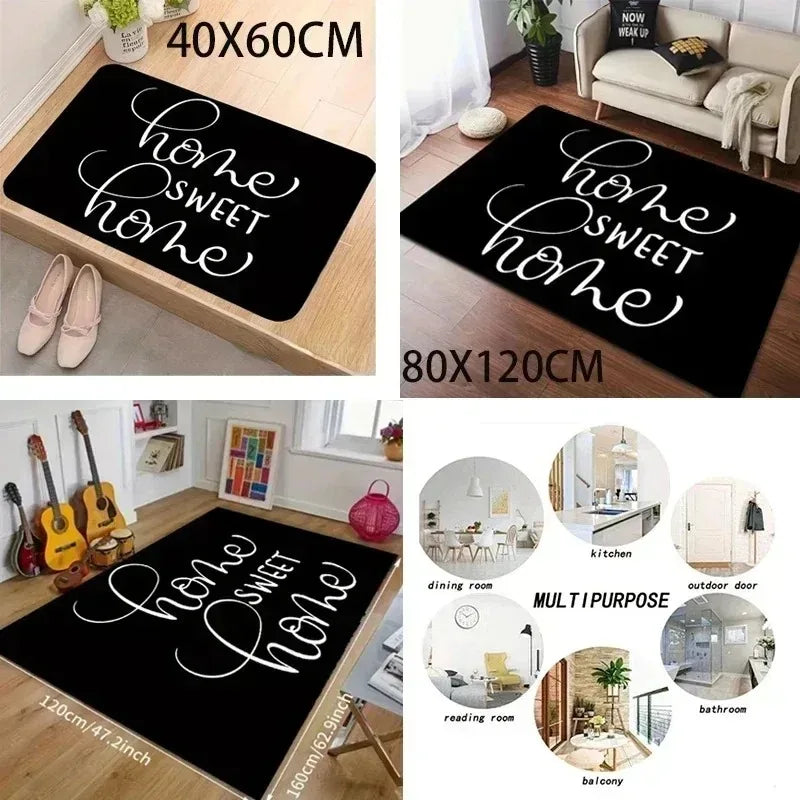 Black geometric rug with white script text on a wooden floor.