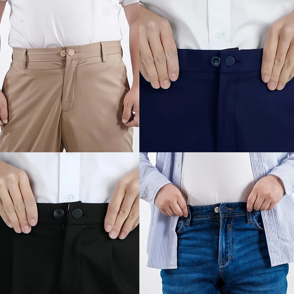 Four panels showing different colors and styles of no-sew jean waist extenders on white shirts.