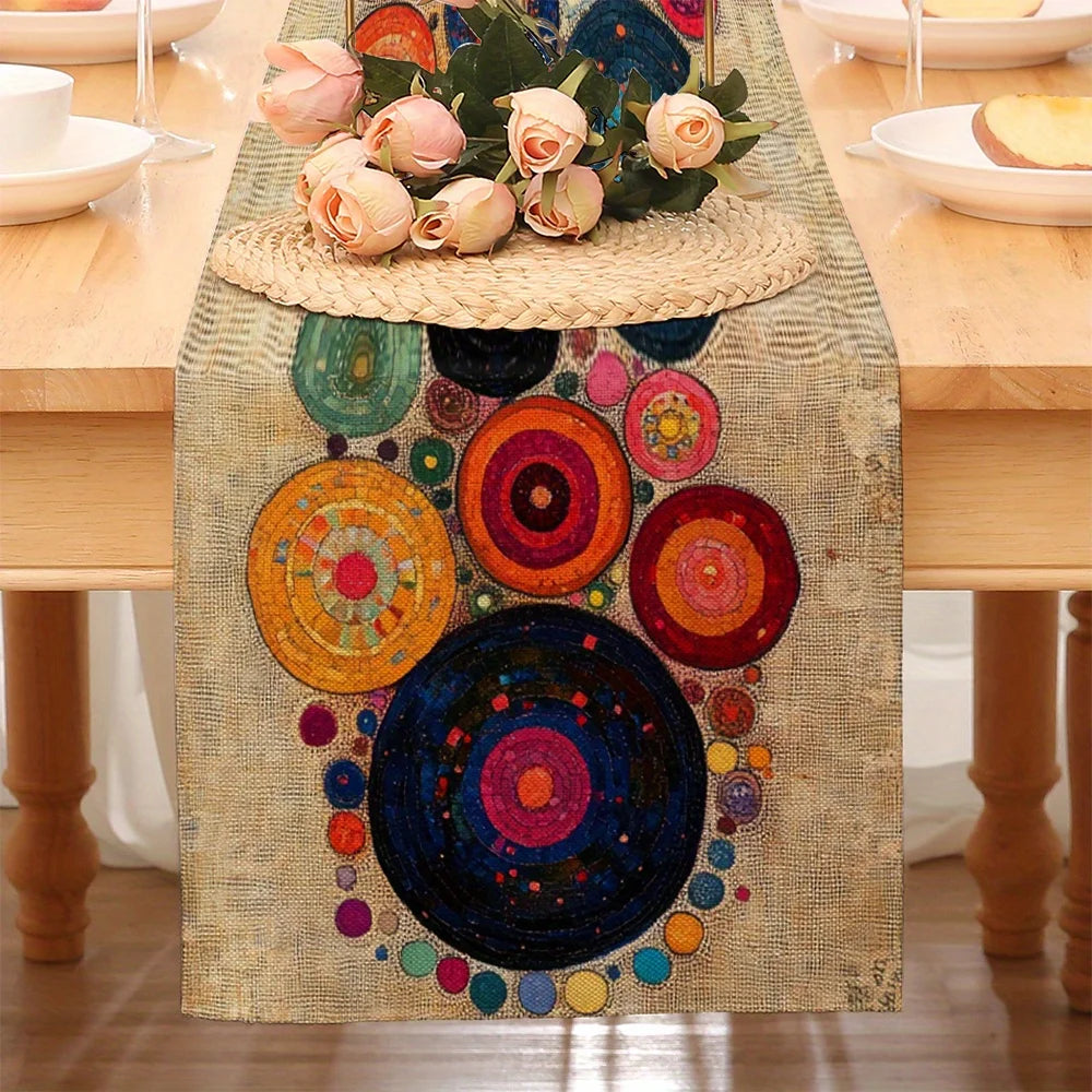 A bohemian polka dot table runner featuring colorful circular patterns and floral accents on a wooden table.