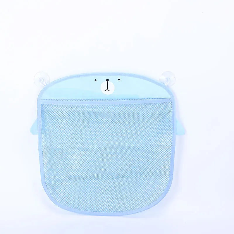 Light blue mesh baby bath organizer storage bag with a bear face design