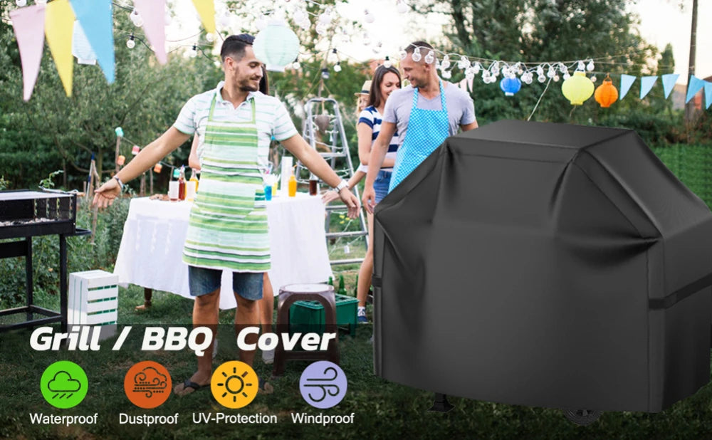 A black heavy duty waterproof grill cover is shown outdoors with people preparing for a BBQ event.