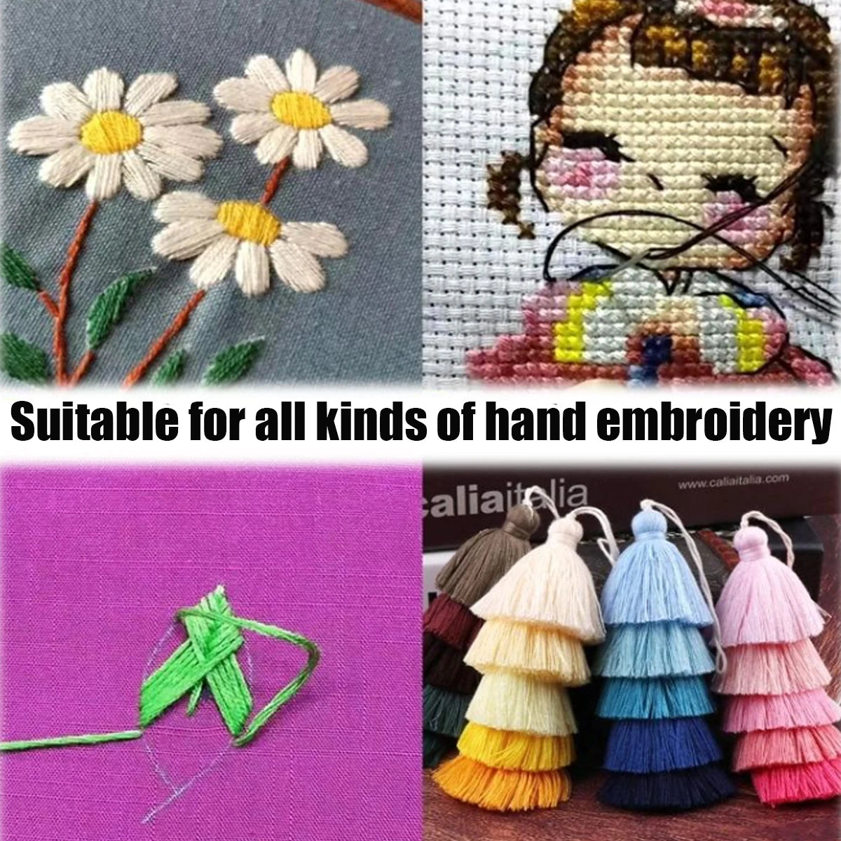 A set of vibrant 250-color polyester cross-stitch embroidery threads featuring floral designs and various colored threads.