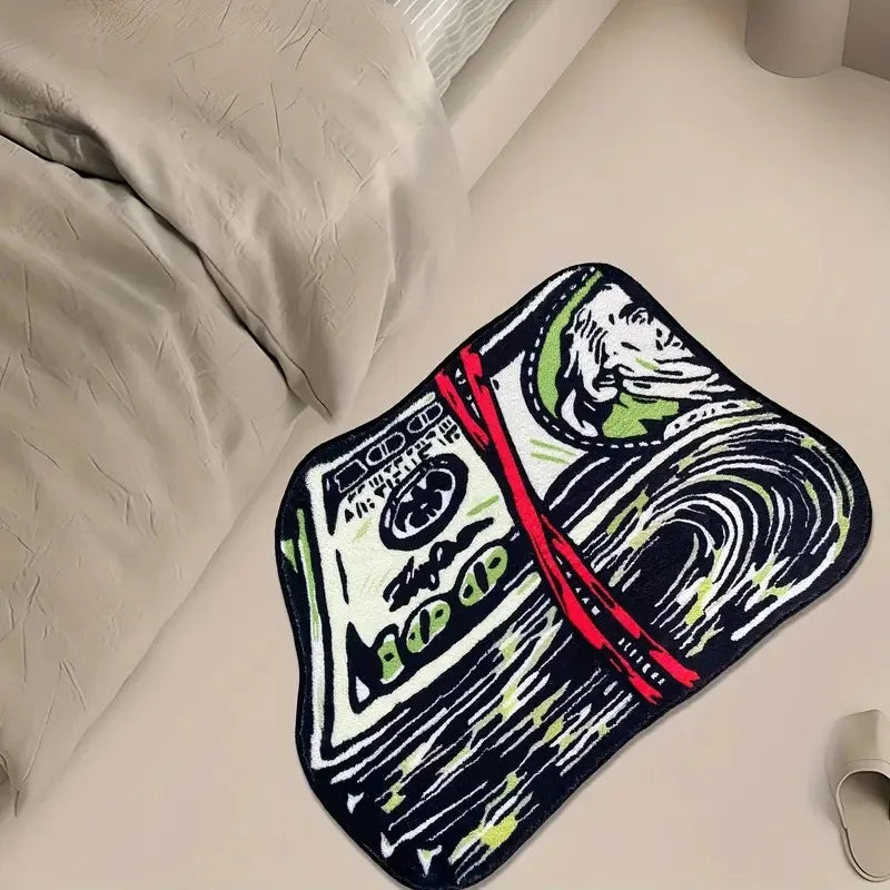 A black and white design featuring money and a lion on a non-slip throw rug placed on a bed.