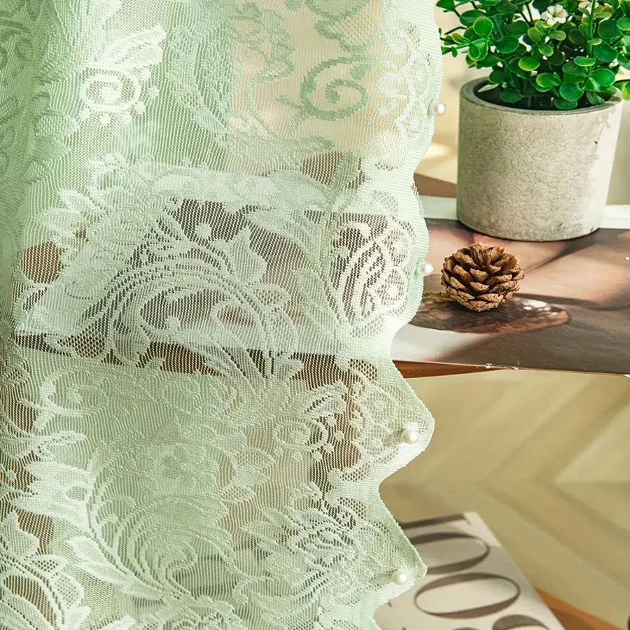 Light green French country lace curtain with beaded phoenix tail design