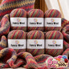 A set of six skeins of gradient alpaca wool yarn in various colors and textures for knitting and crochet projects.