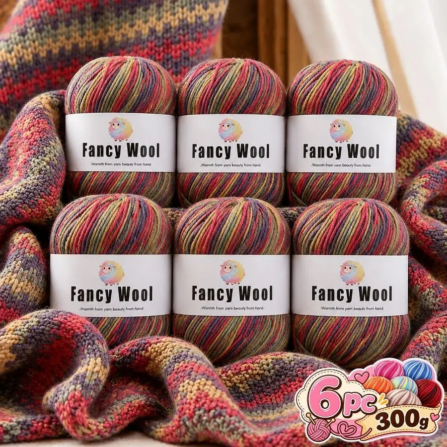 A set of six skeins of gradient alpaca wool yarn in various colors and textures for knitting and crochet projects.