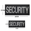 A black rectangular security patch with the word SECURITY embroidered in silver text.