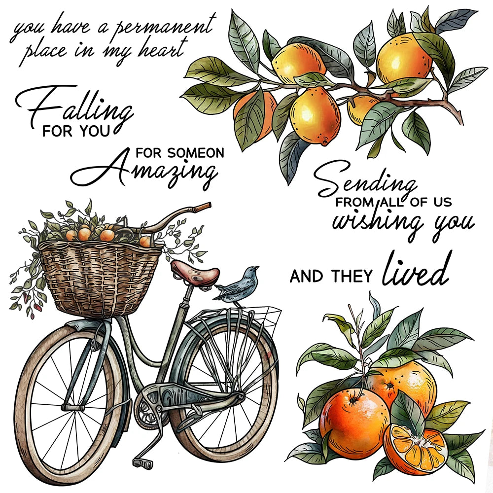 A watercolor illustration featuring a falling heart design and a bicycle carrying fruit, with text wishing someone amazing th