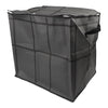 A black portable folding storage bag with a plaid pattern is shown from the side.
