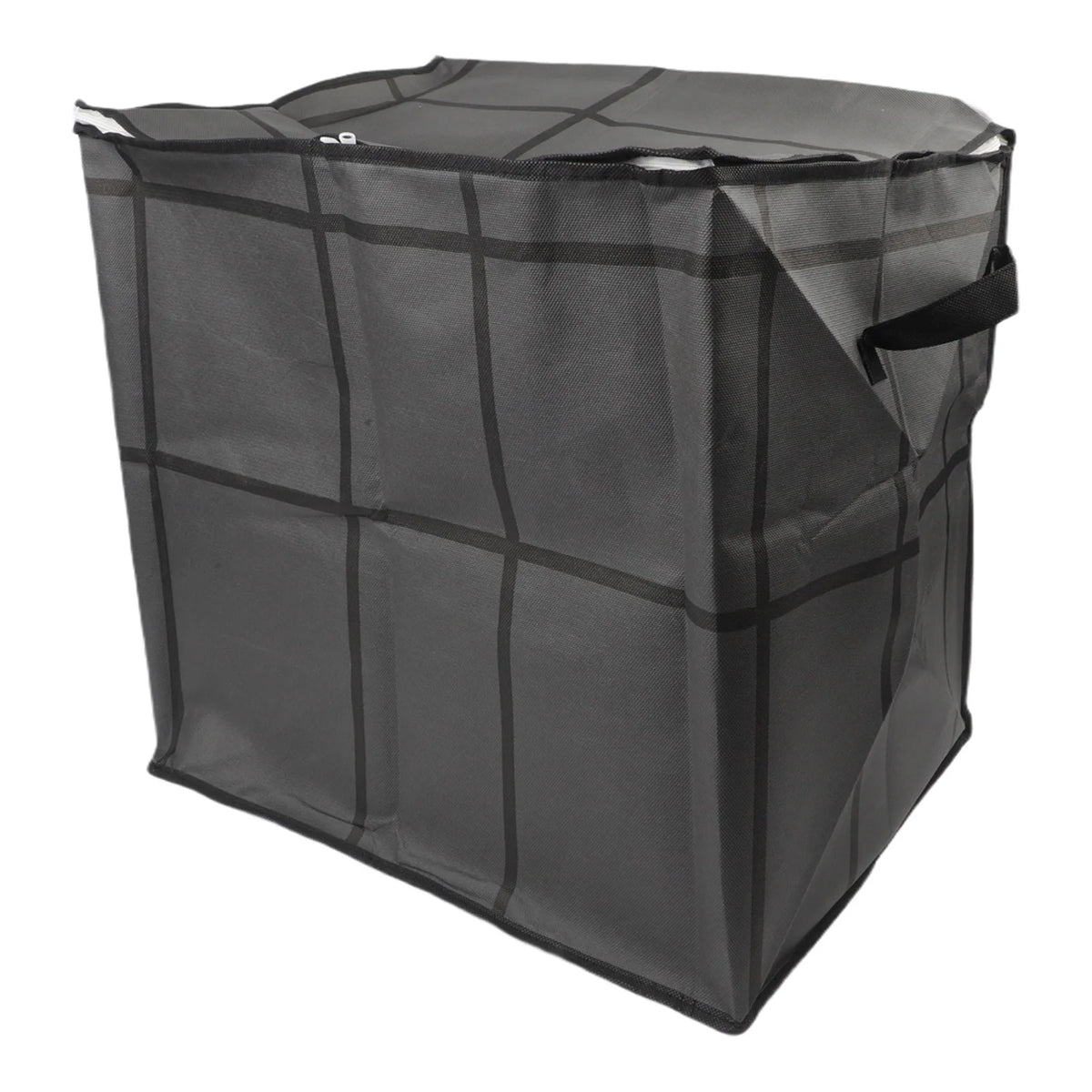 A black portable folding storage bag with a plaid pattern is shown from the side.