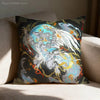 A dark pillow cover featuring an anime-style white and blue dragon print with orange accents.