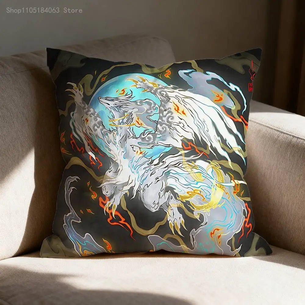 A dark pillow cover featuring an anime-style white and blue dragon print with orange accents.