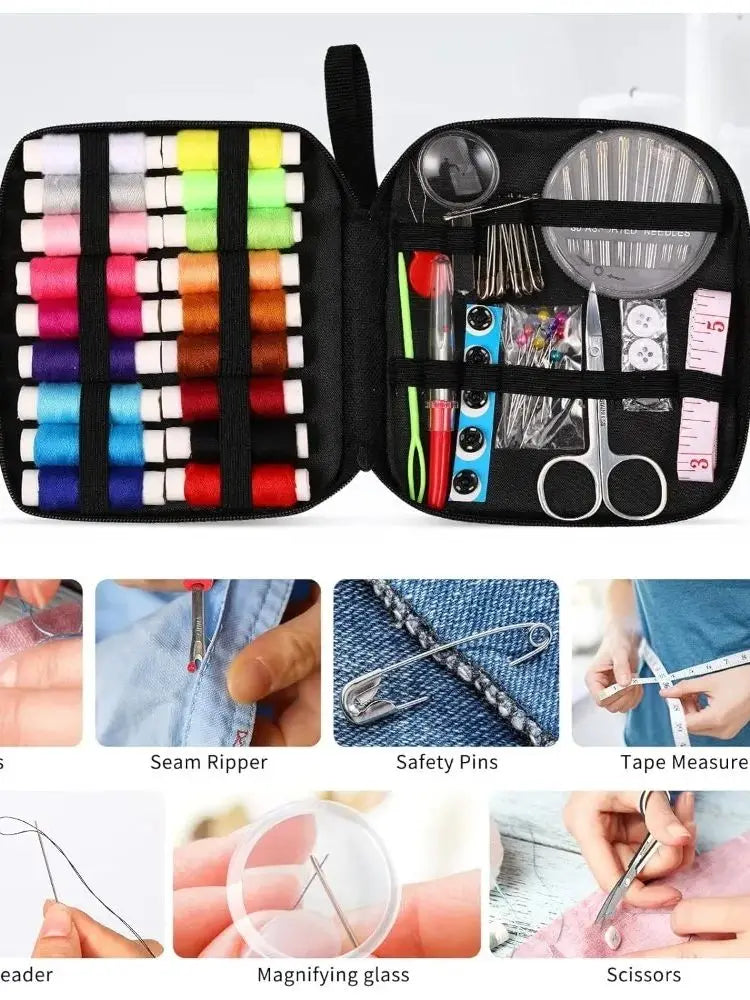 A beginner sewing kit showing various tools like seam ripper, safety pins, tape measure, and scissors.