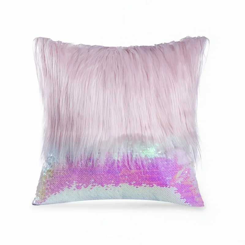 A cushion cover featuring long, fluffy pink and iridescent sequins.