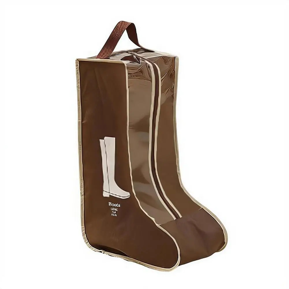 Brown boot storage bags with clear windows and carry handles