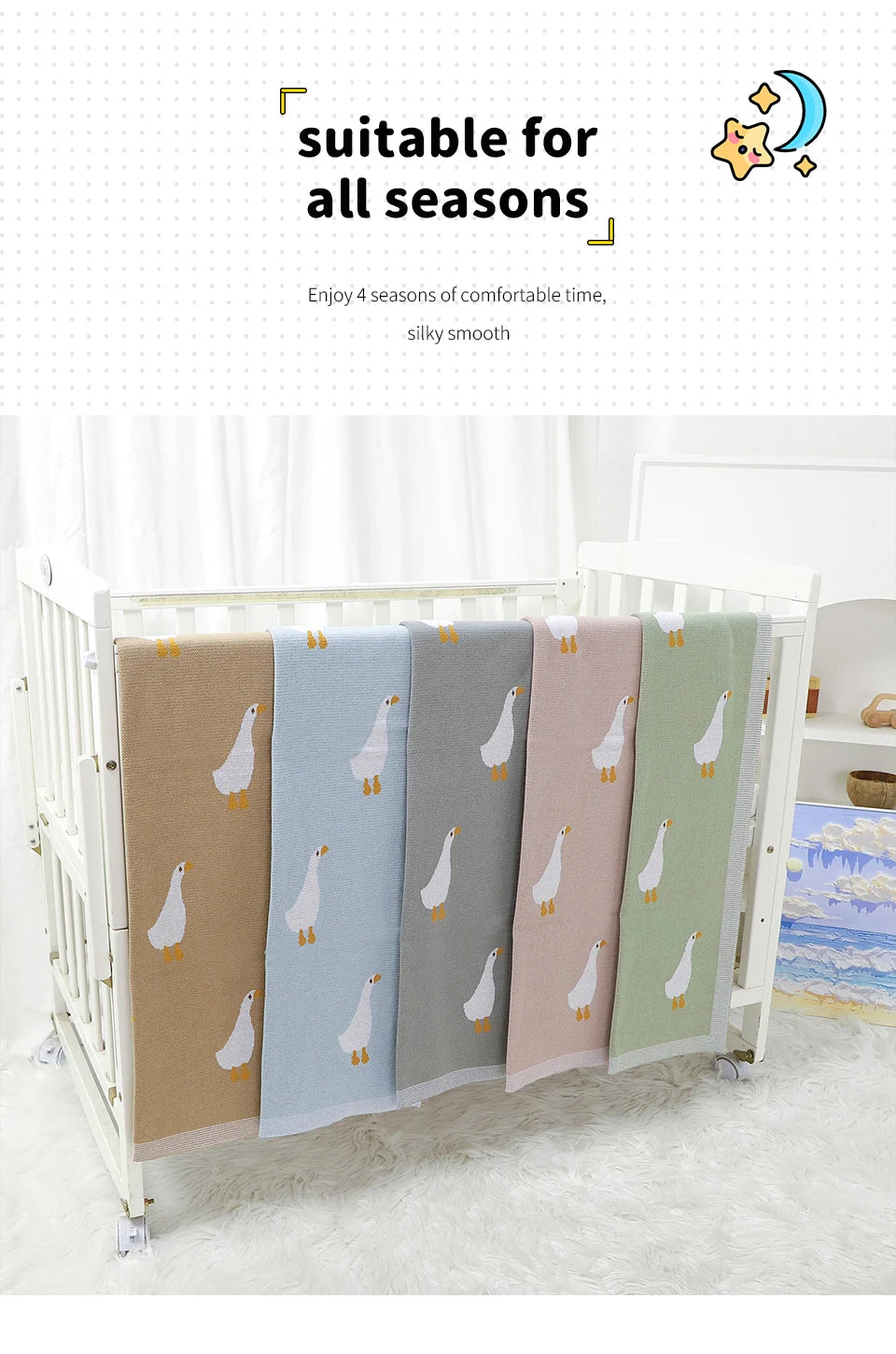 A set of four soft, striped cotton infant blankets featuring white and yellow birds for seasonal use.