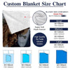 Size chart showing dimensions for small, medium, and large custom flannel blankets.