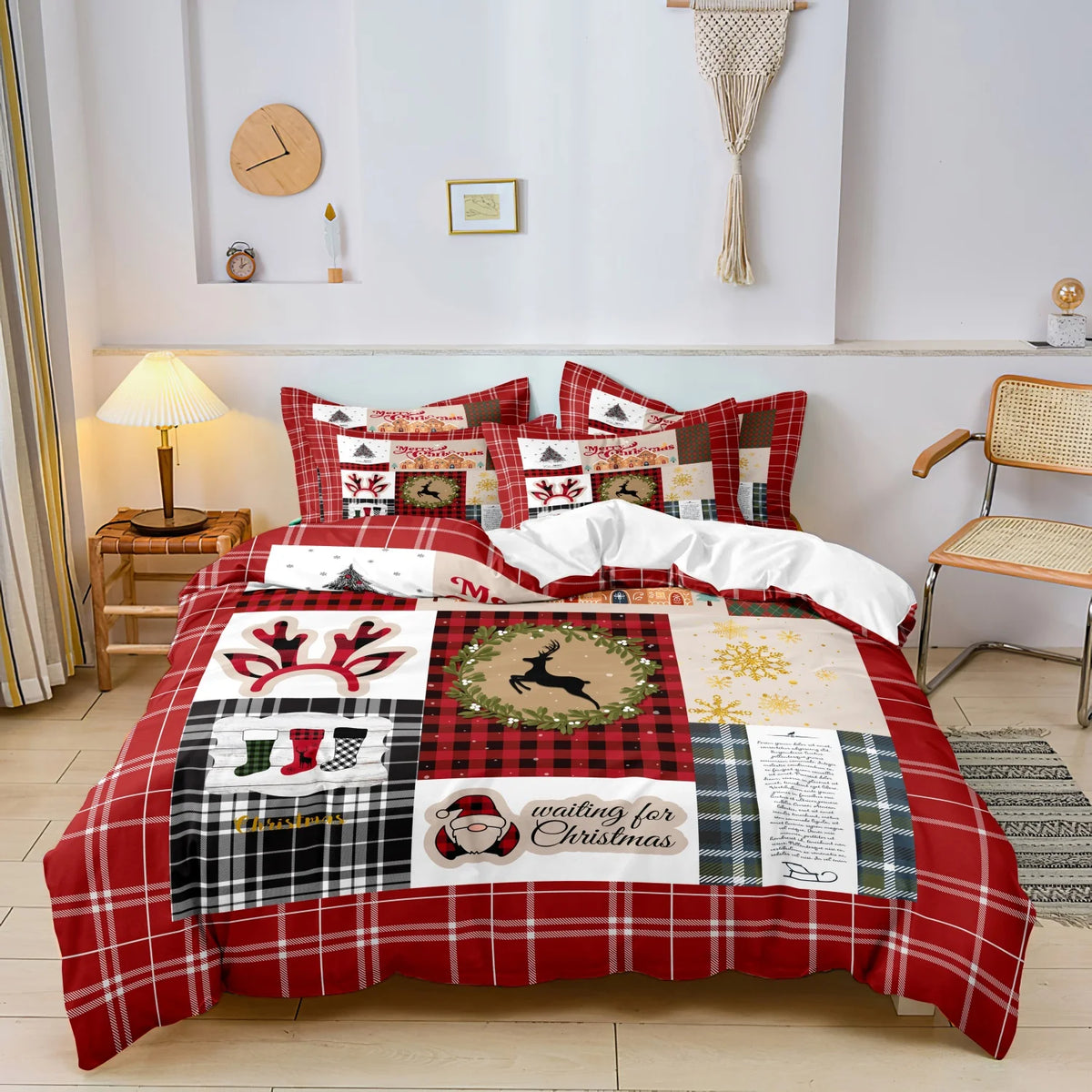 A red plaid duvet cover set featuring reindeer print patterns and various seasonal motifs.