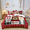 A red plaid duvet cover set featuring reindeer print patterns and various seasonal motifs.