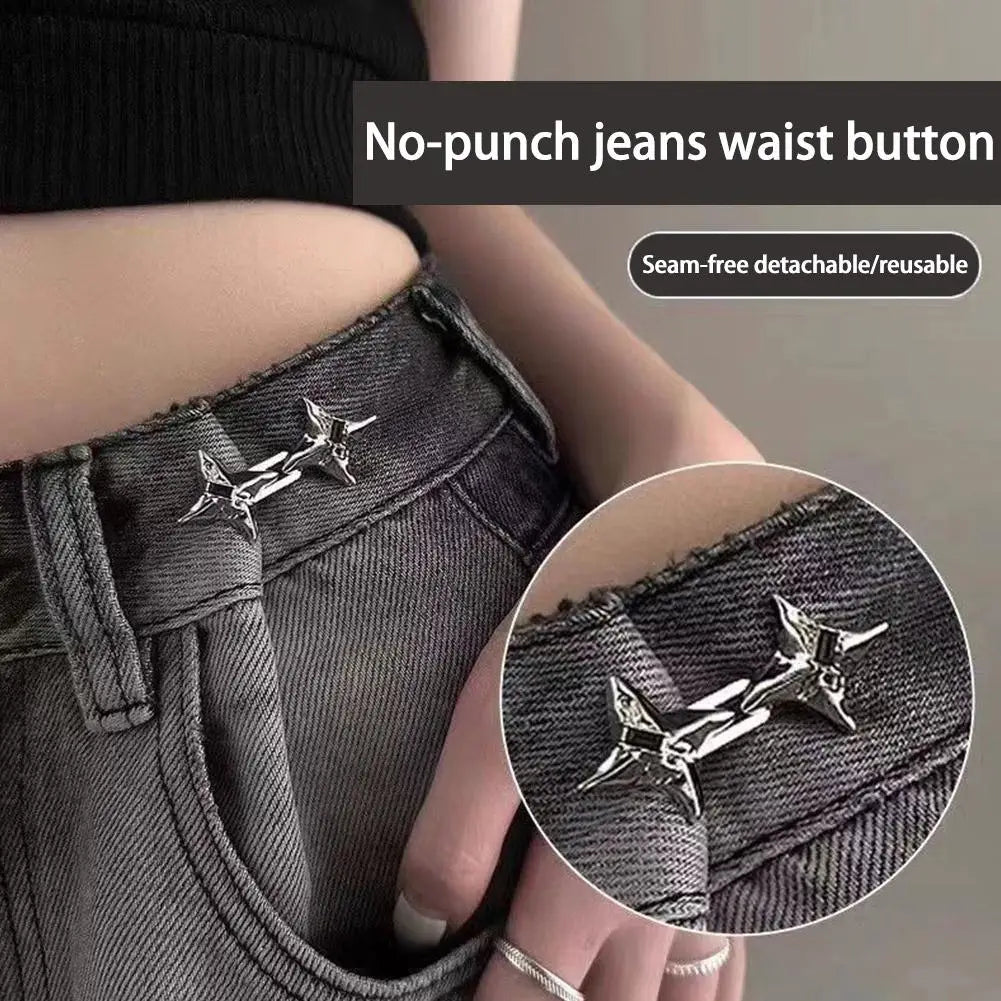 Close-up of dark gray jeans showing a seam-free detachable reusable waist button detail.
