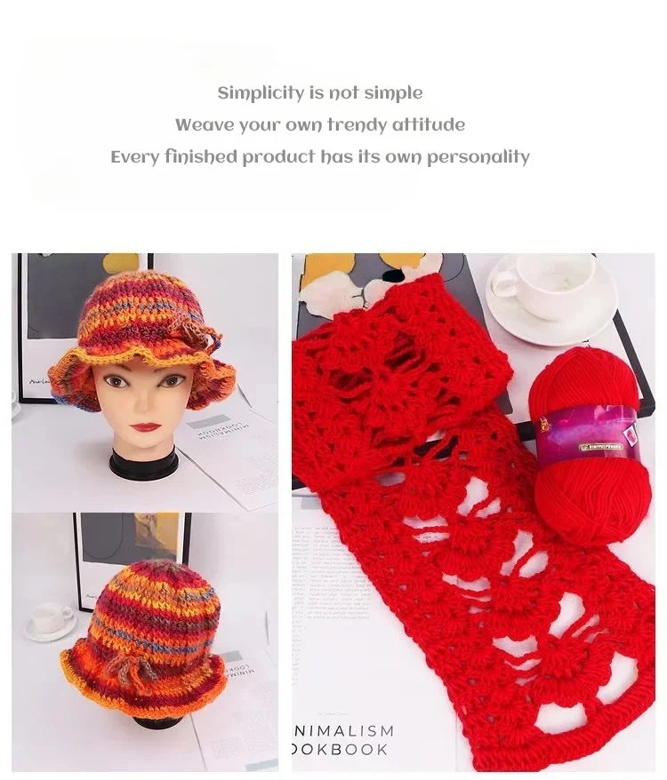 Close-up of bright red knitted yarn and finished fabric pieces showing various textures and patterns.