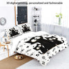 A black and white cat print bedding set featuring cats on a duvet cover in a bedroom setting.