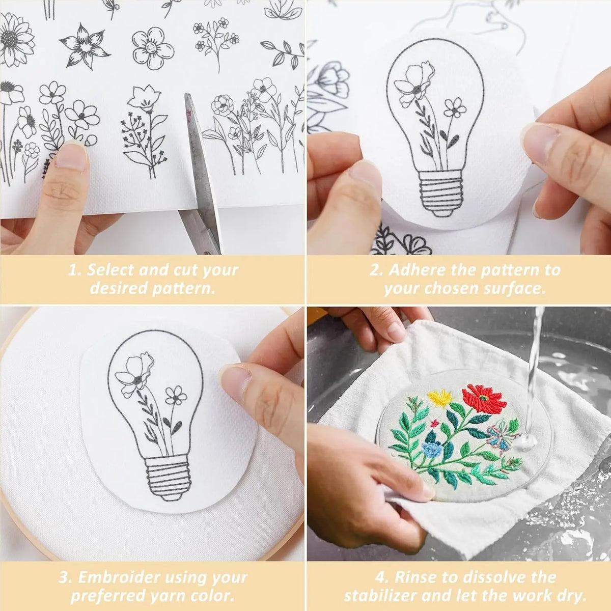 Step-by-step guide showing how to select, adhere, embroider, and rinse water soluble patterns onto fabric.