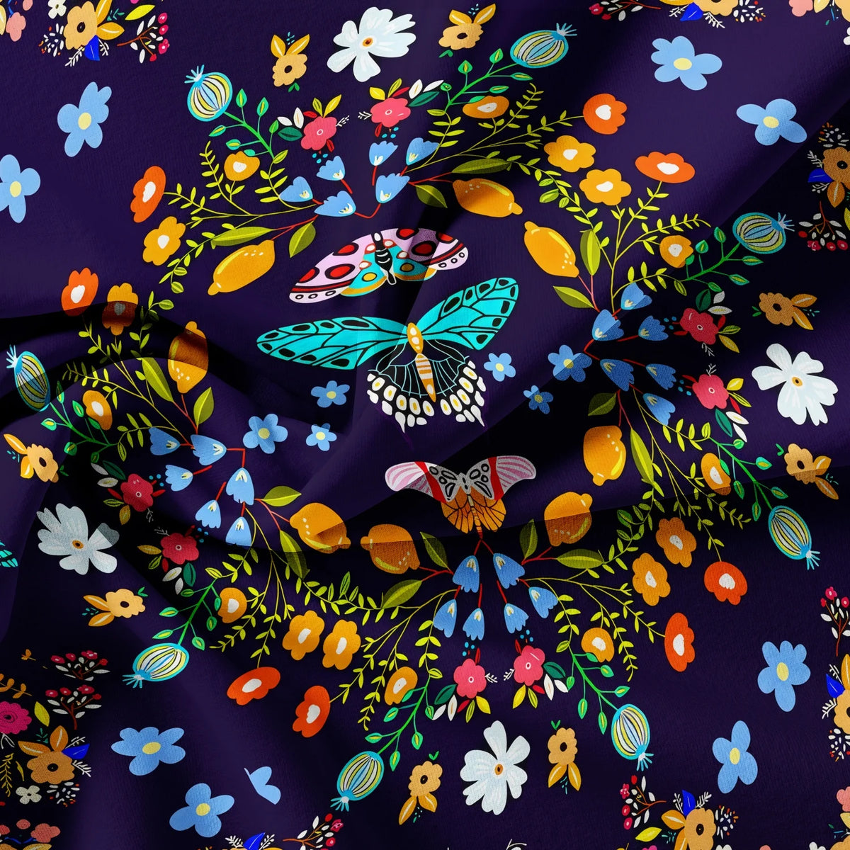 A dark purple fabric with a vibrant print featuring colorful flowers and butterflies.