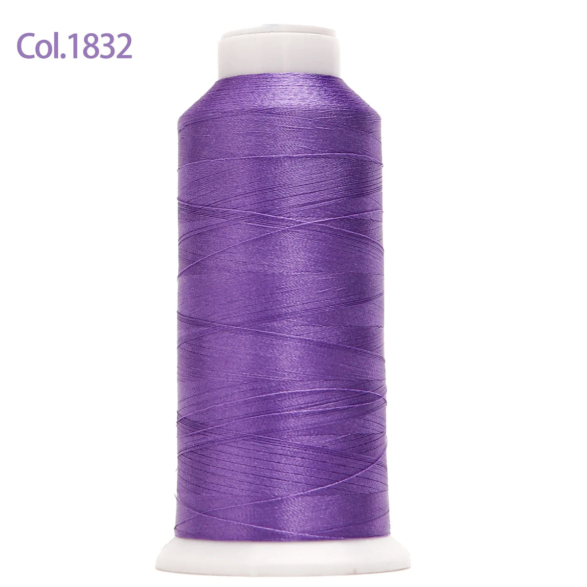 A spool of purple high tenacity machine embroidery thread labeled Col.1832