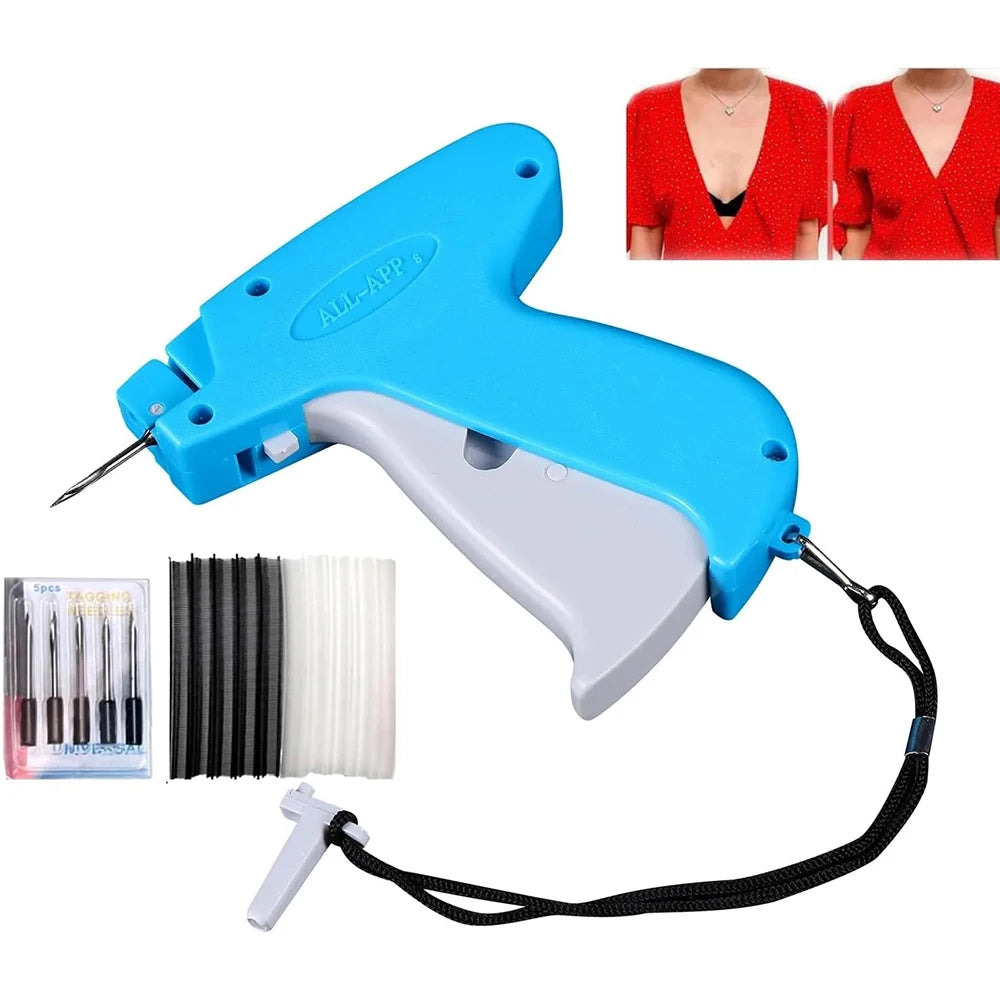 A blue fabric clip tool with a handle and wire, shown next to various sizes of sewing pins.