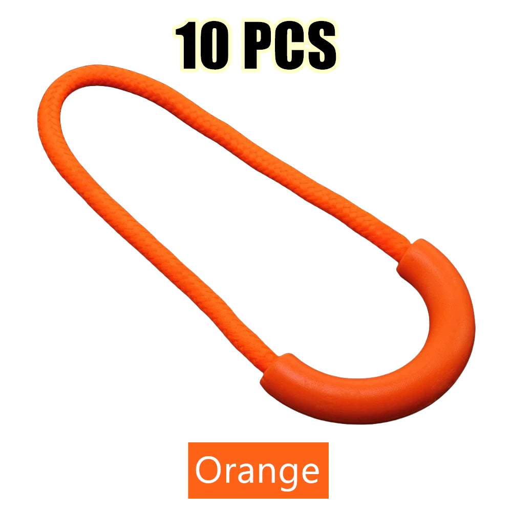 Ten orange U-shaped zipper pull straps.