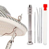 A set of leather sewing awls and four interchangeable needles displayed next to a white fabric item.