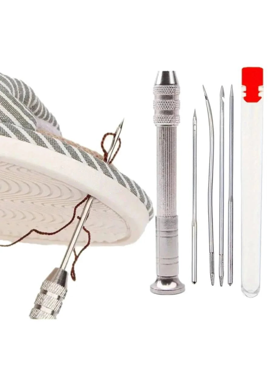 A set of leather sewing awls and four interchangeable needles displayed next to a white fabric item.
