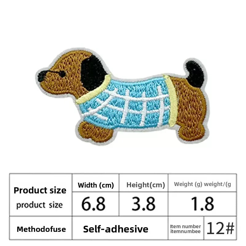 An embroidered patch of a dog in a yellow collar with brown and black markings.