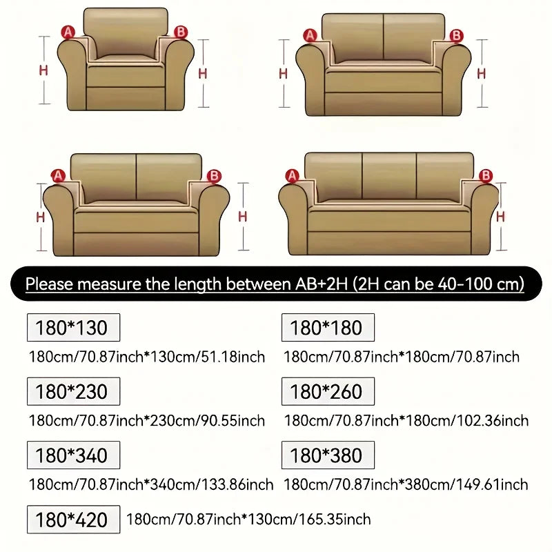 Various sizes of beige plush chenille anti-scratch sofa covers shown with measurement guides.