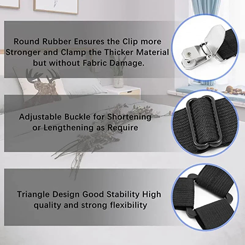 Close-up view of black adjustable bed sheet grippers and clips demonstrating their design features.