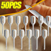 A collection of 50 stainless steel needle threaders arranged in a row.