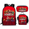 A red backpack and a matching red pouch featuring Roblox characters and branding.