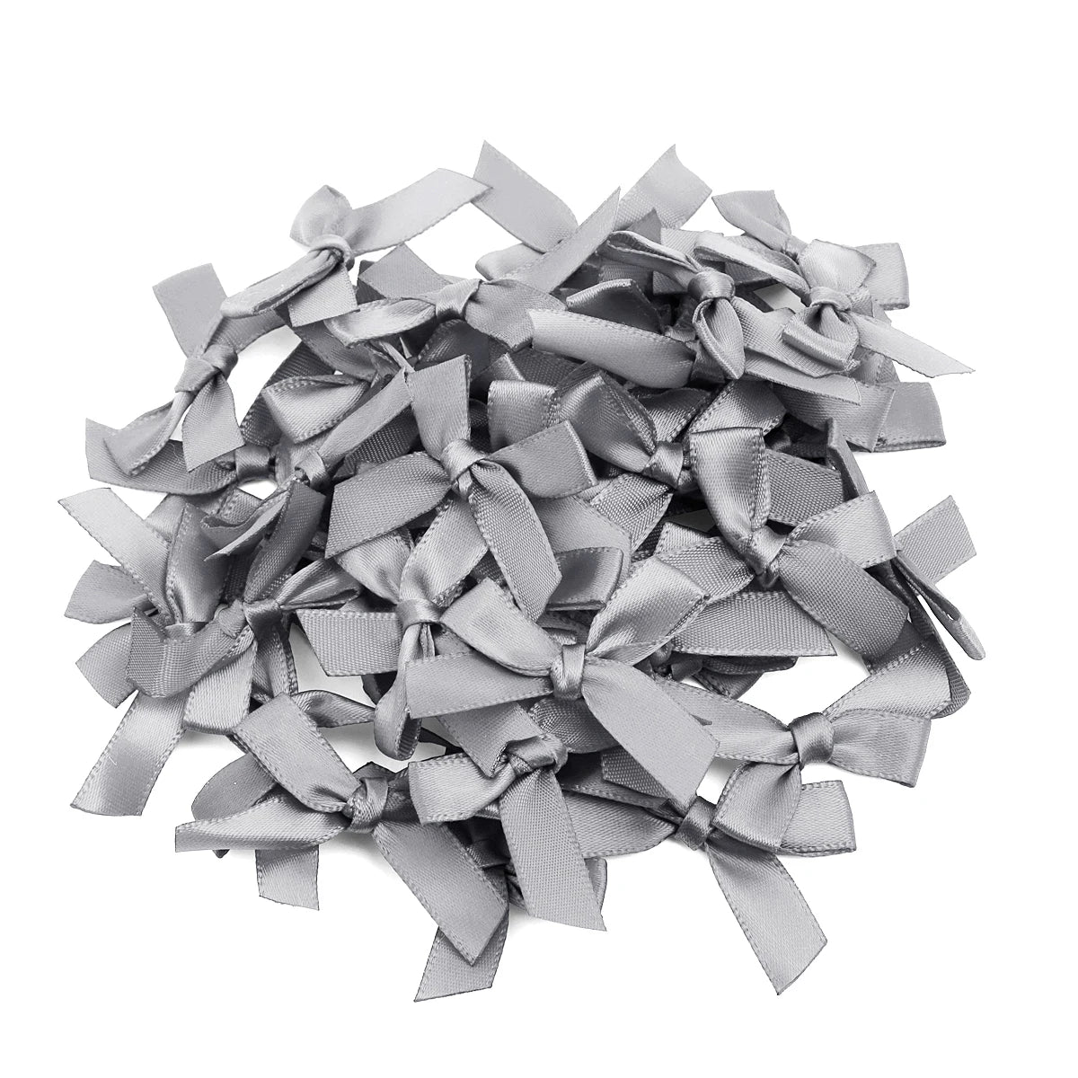 A pile of gray satin ribbon bows for craft and decoration.