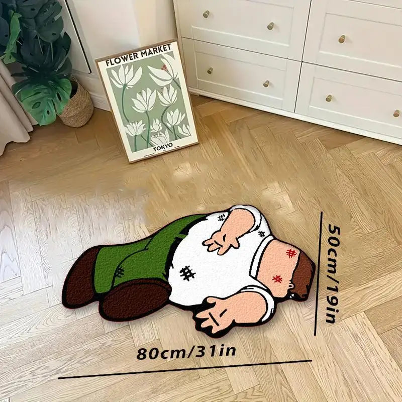 A cartoon-themed soft area rug depicting a person lying down, with a flower market sign in the background.
