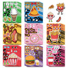 A collection of colorful, face-changing DIY stickers featuring food items like ice cream, pizza, fries, donuts, and burgers.