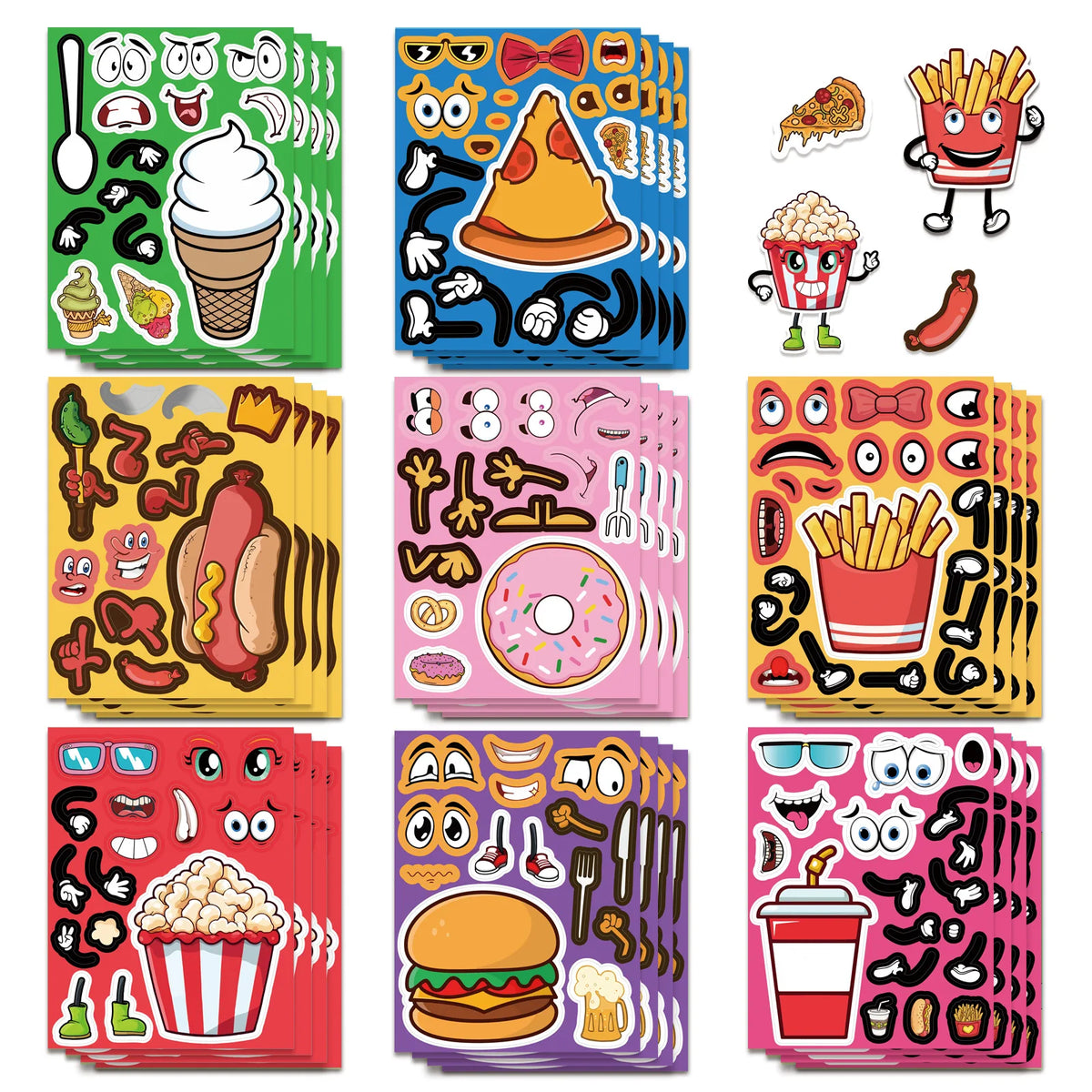 A collection of colorful, face-changing DIY stickers featuring food items like ice cream, pizza, fries, donuts, and burgers.