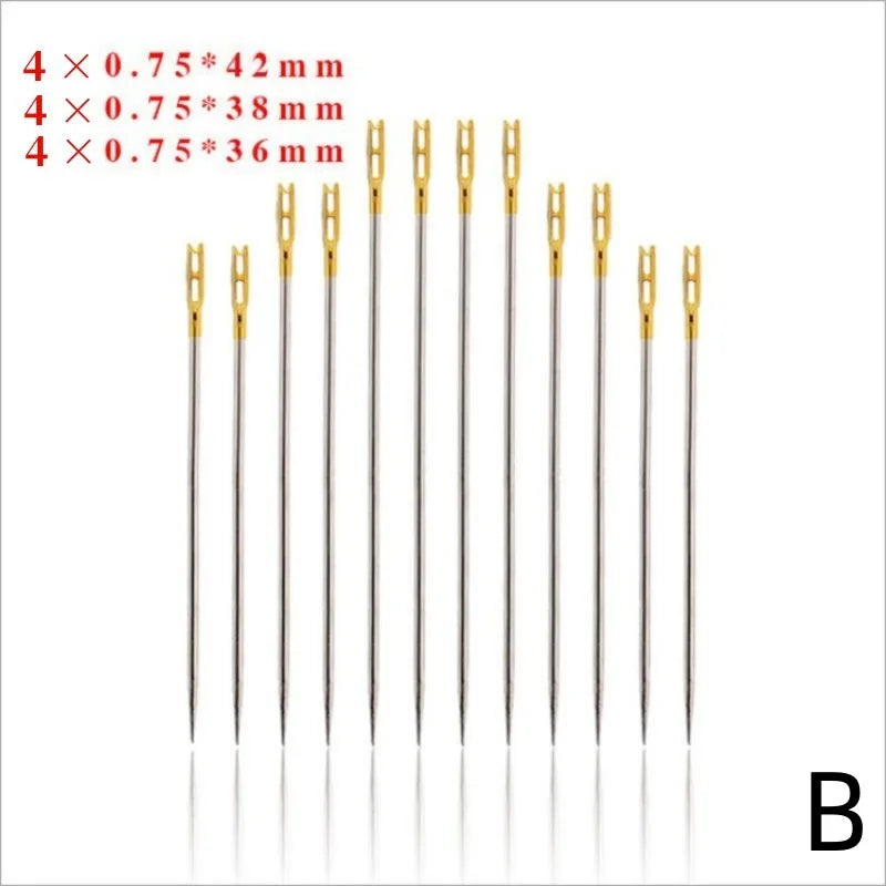 A set of four stainless steel self-threading sewing needles, packaged with various sizes.