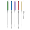 A set of precision sewing machine anti-jump needles in green, blue, and purple, shown vertically.