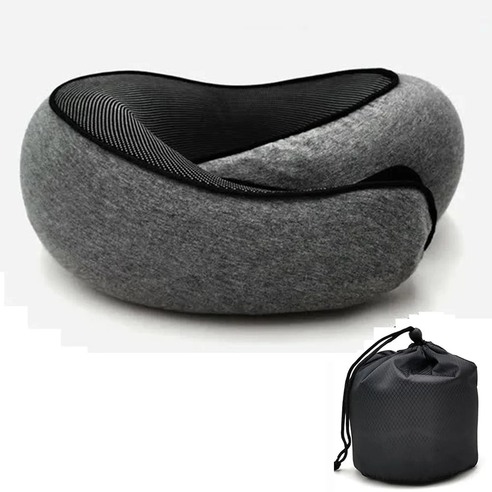 A gray memory foam travel neck pillow with black accents shown from above.