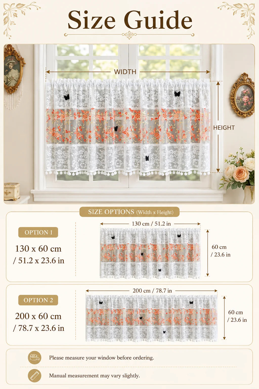 Size guide showing options for a white lace cafe curtain with orange floral embroidery and butterfly applique