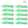 Ten pieces of green plastic mini hand sewing needle threader kit shown in various orientations