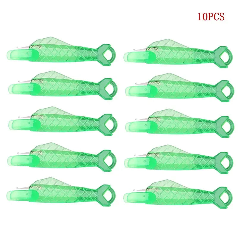 Ten pieces of green plastic mini hand sewing needle threader kit shown in various orientations