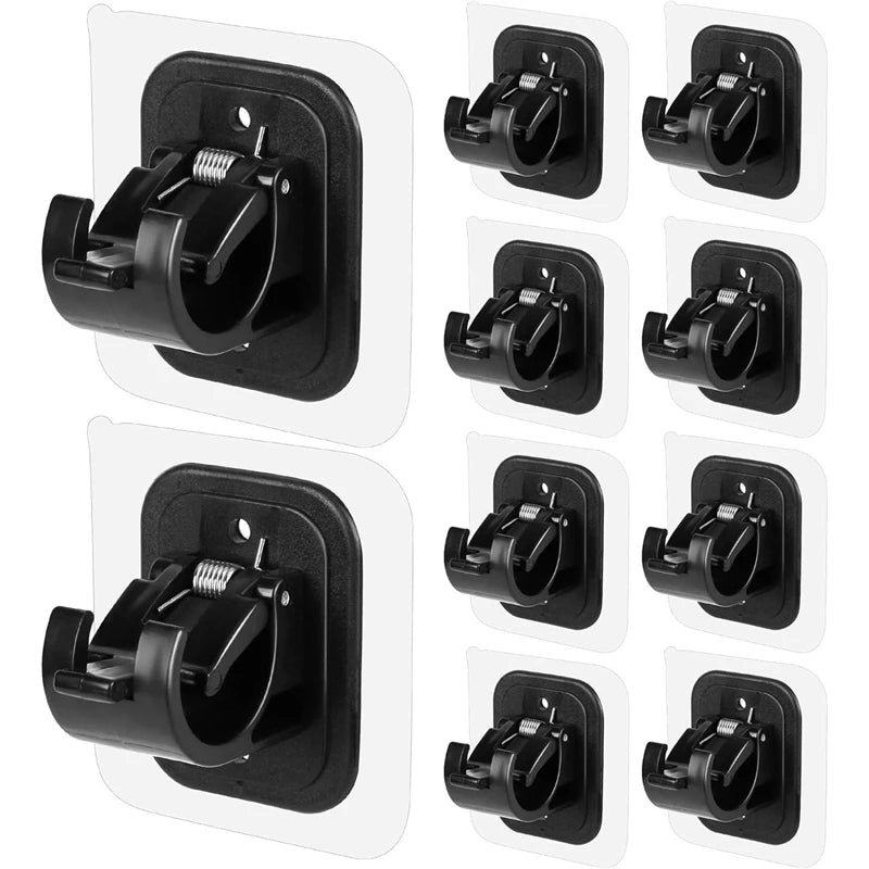 Black no drill adhesive curtain rod brackets shown in various angles.